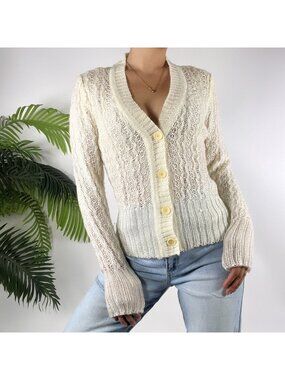 Vintage 90s Cream Lightweight Knit Button Up Cardigan Sweater Cottagecore  / M